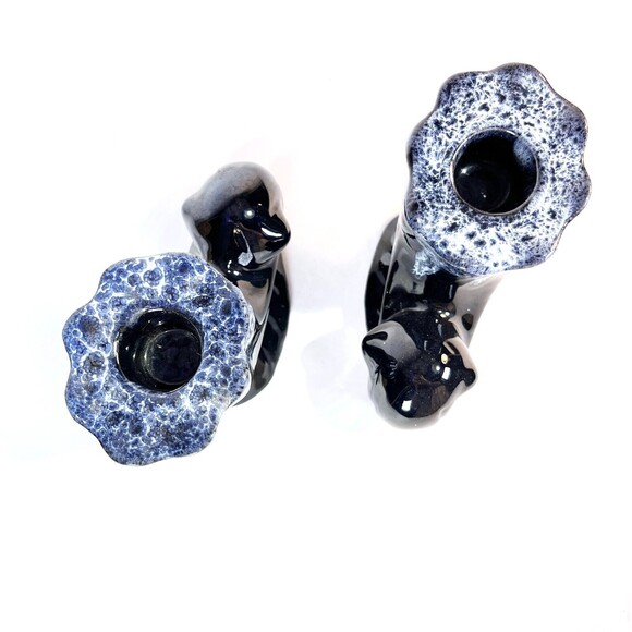 Anna Van Briggle Pottery BLACK Drip Horn Cornucopia Candle Holder Pair RARE VTG - Picture 6 of 12